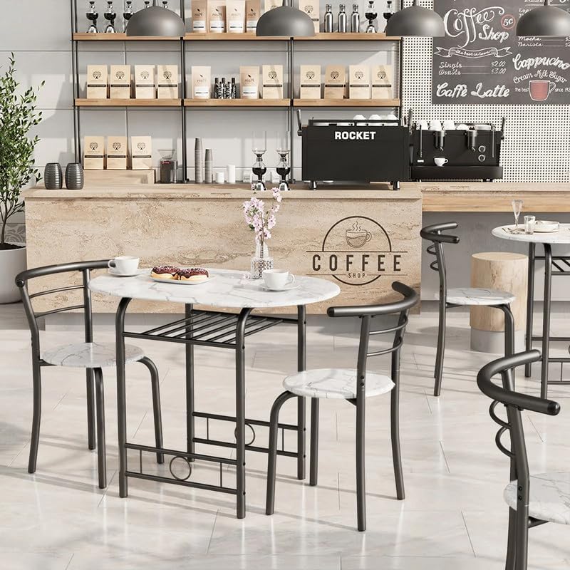 Shahoo 3-Piece Wooden Dining Table Set, Kitchen Breakfast Nook Sets with 2 Chairs & Round Tabletop, Space Saving Furniture Metal Frame and Built-in Wine Rack, Marble White & Black