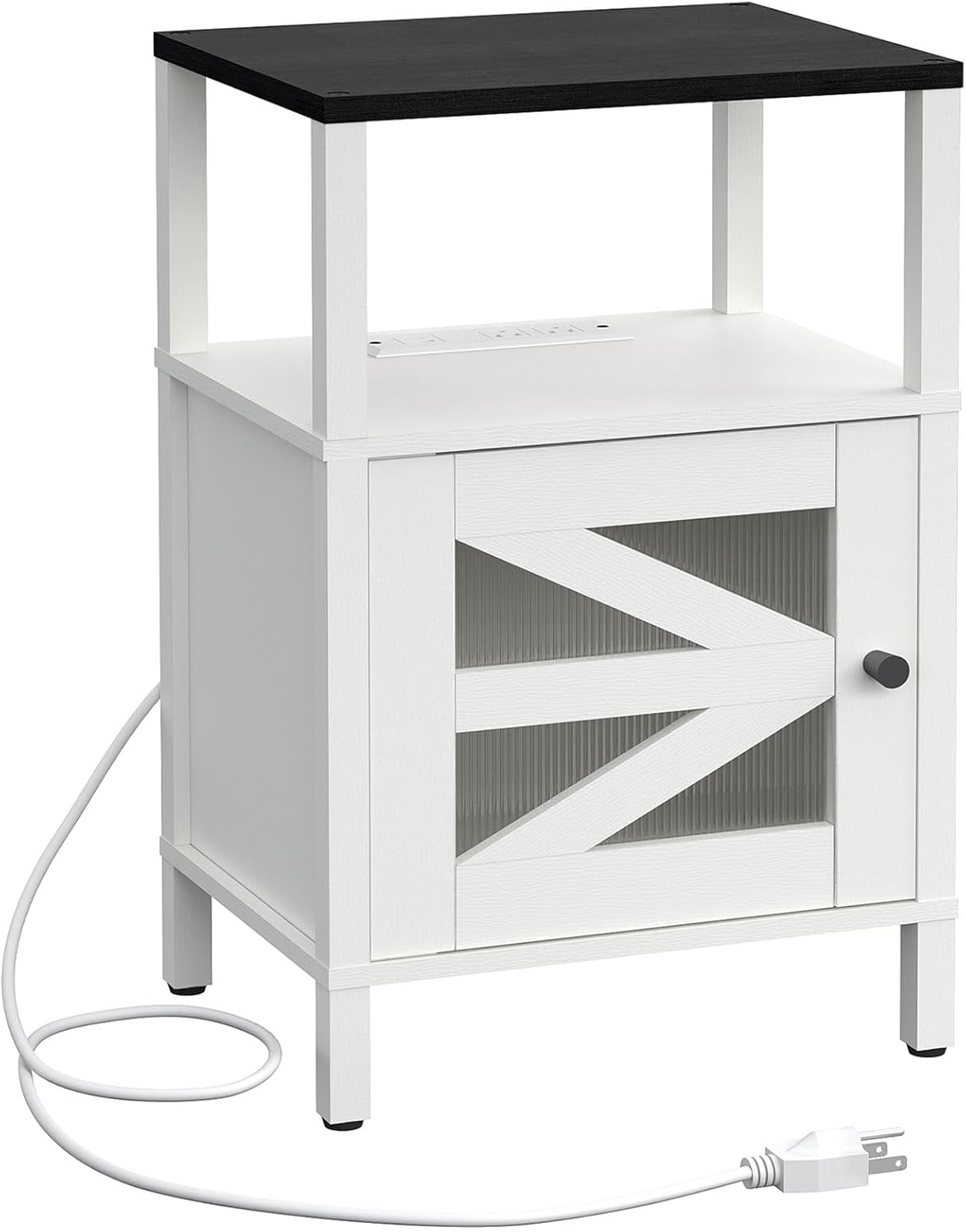 Farmhouse Nightstand with Charging Station, White Bedside Table with USB&Type-C Ports and Outlets, End Table with Storage, Side Table Night Stand for Bedroom, White and Black ETBW97E01