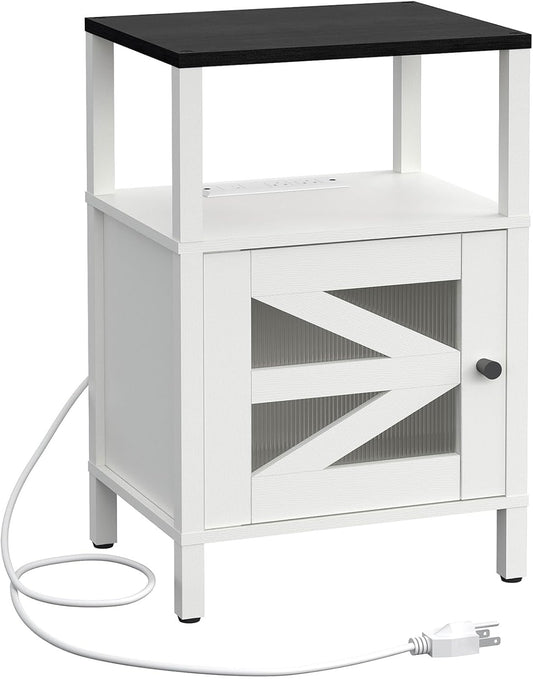 Farmhouse Nightstand with Charging Station, White Bedside Table with USB&Type-C Ports and Outlets, End Table with Storage, Side Table Night Stand for Bedroom, White and Black ETBW97E01
