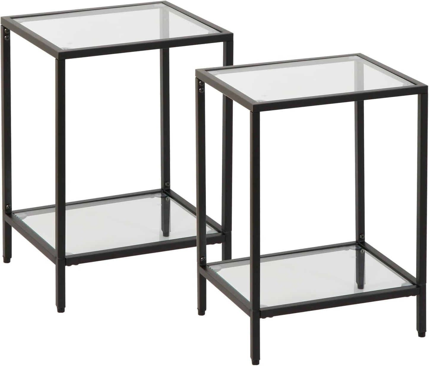 Modern 2-Tier Tempered Glass End Table - Stylish Black Metal Side Table for Small Spaces, Perfect for Living Room & Bedroom (Black, 2PCS)