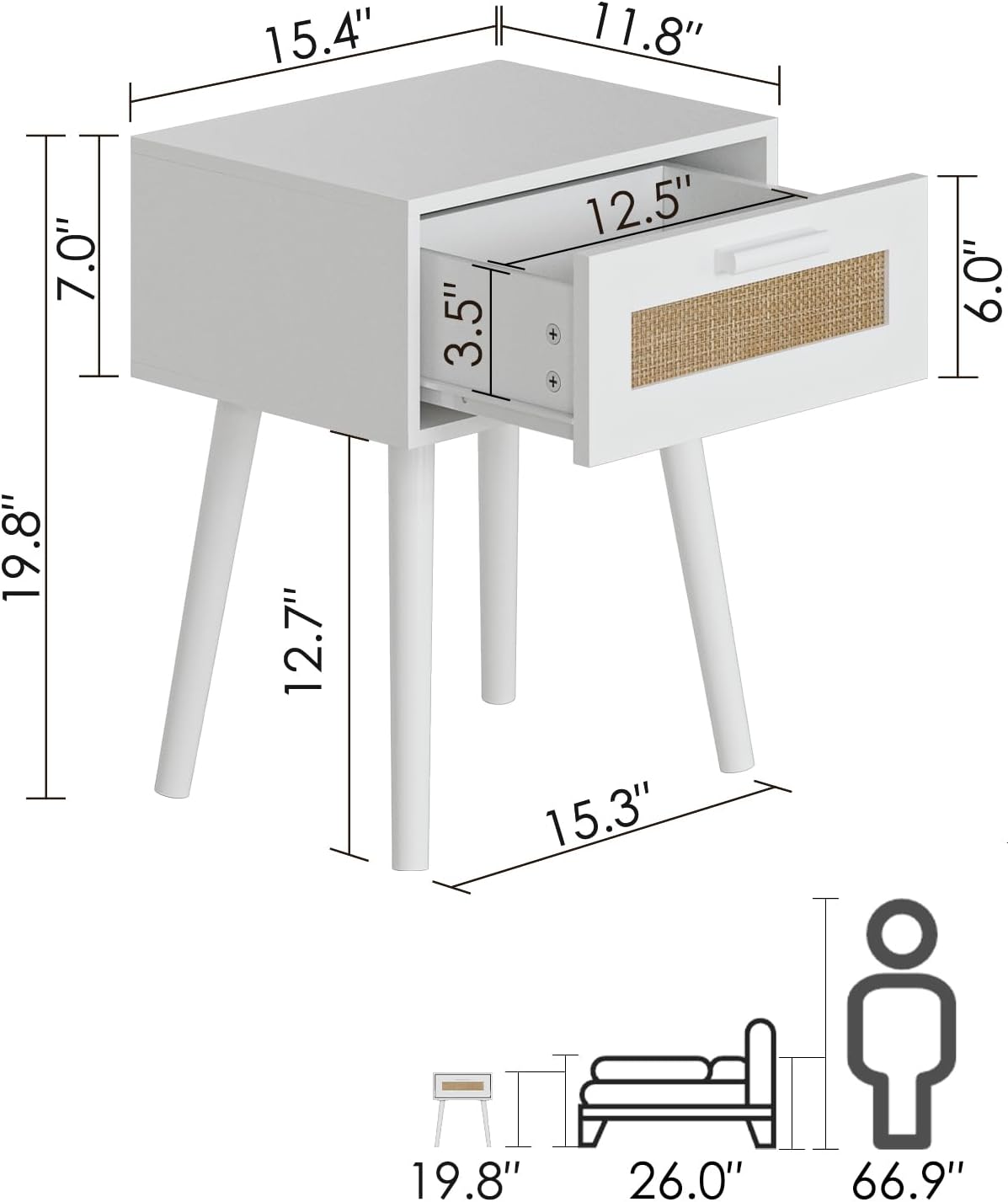 Bedroom Nightstands Wooden Night Stands with Rattan Weaving Drawer Home Bedside End Table for Bedroom Storage (Bohemian-White)