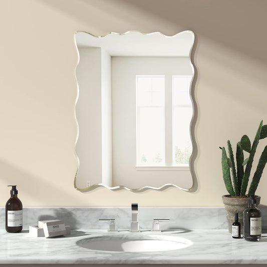 KOHROS Wavy Wall Mirror Frameless Bathroom Mirrors for Over Sink 18” x 24" Beveled Edge Mirror for Vanity and Entryway Hang Horizontally or Vertical