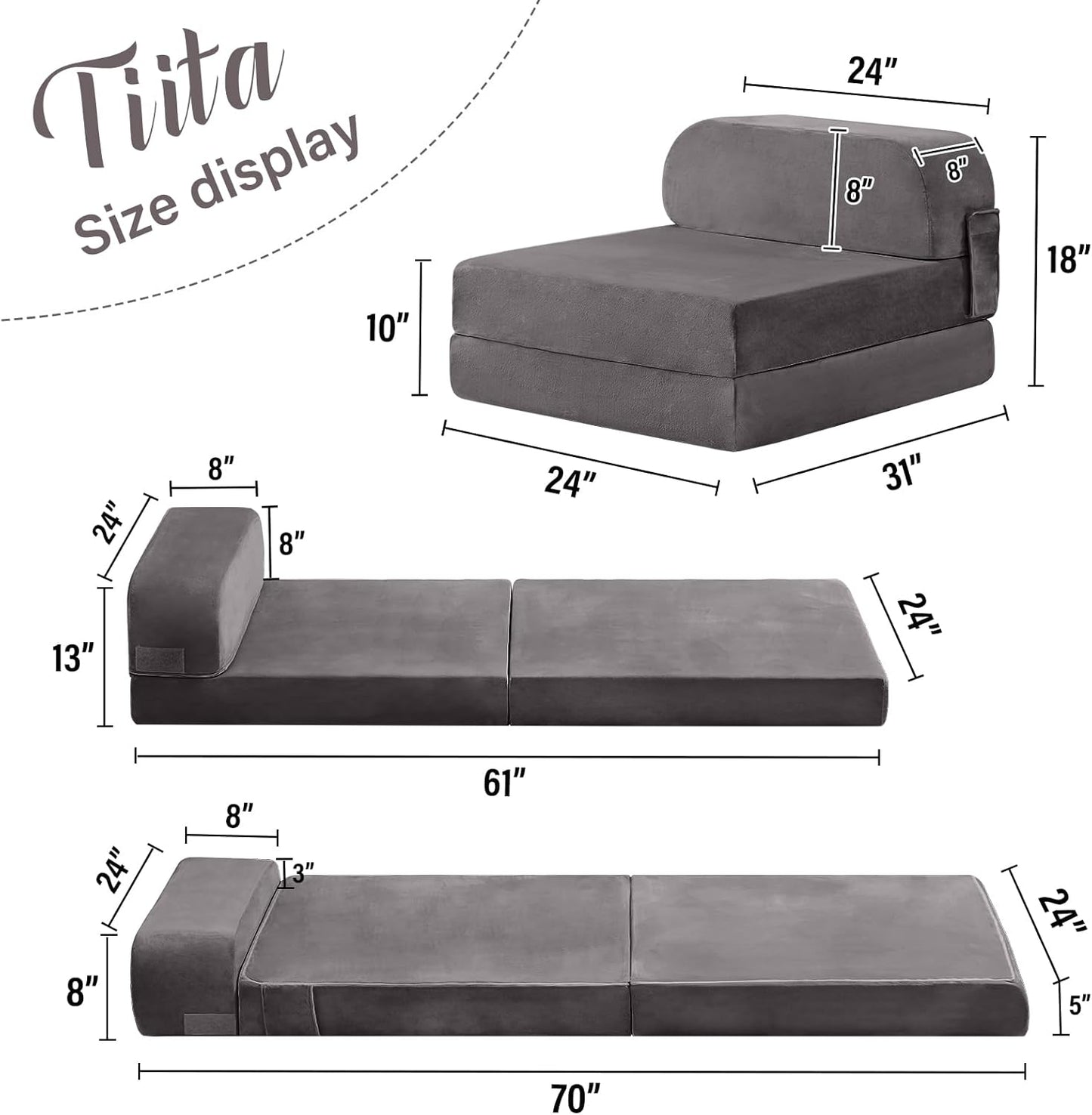 Tiita Folding Sofa Bed for Kids, Toddler Fold Out Couch Bed with Removable Cover, Kids Futon Sleeper Chair Folding Bed Mattress for Kids Room, Living Room, Guest Room,Gray