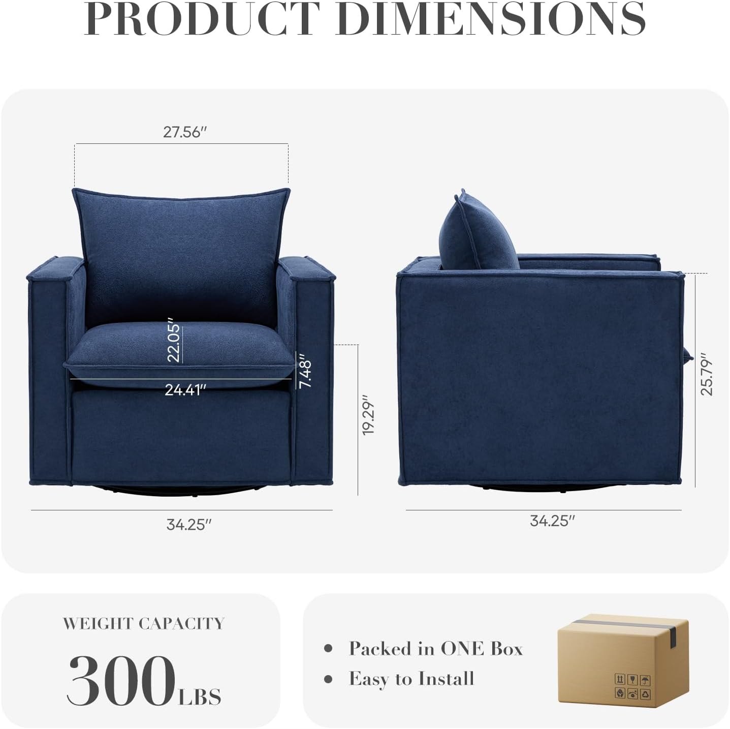 COLAMY Swivel Accent Chair Set of 2, 34 Inches Wide Upholstered Arm Chair with Plump Back Pillow, Modern Sofa Living Room Chair for Bedroom, Corner, Reading Nook-Blue