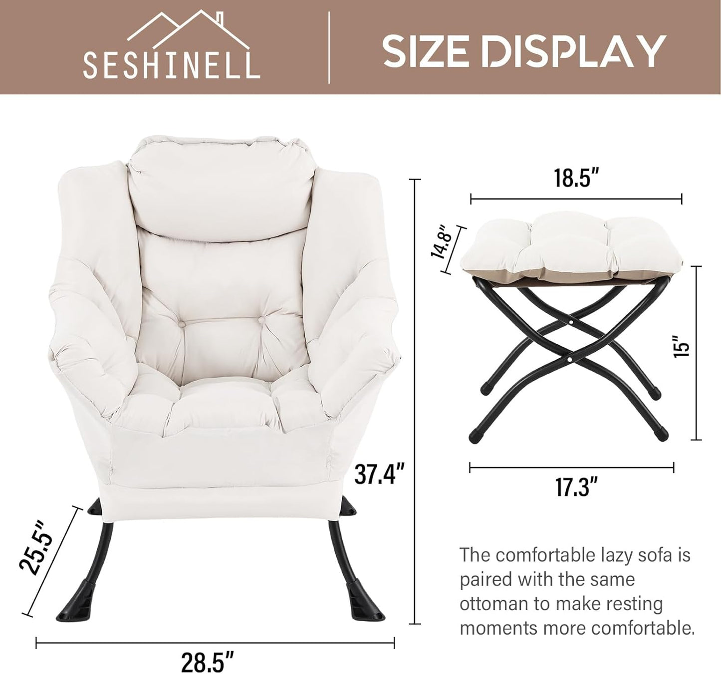 Lazy Chair with Ottoman, Modern Reading Lounge Accent Chair with Armrests and a Side Pocket, Leisure Upholstered Lazy Sofa Set with Footrest for Small Space, Beige