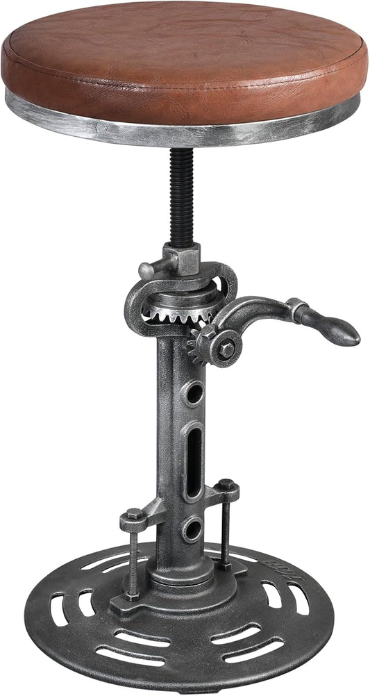 LOKKHAN American Antique Steampunk Deco Vintage Industrial Bar Cafe Stool, Retro Stylish Cast Iron Base Swivel Round Leather Top, Easily Adjusts by Crank Handle