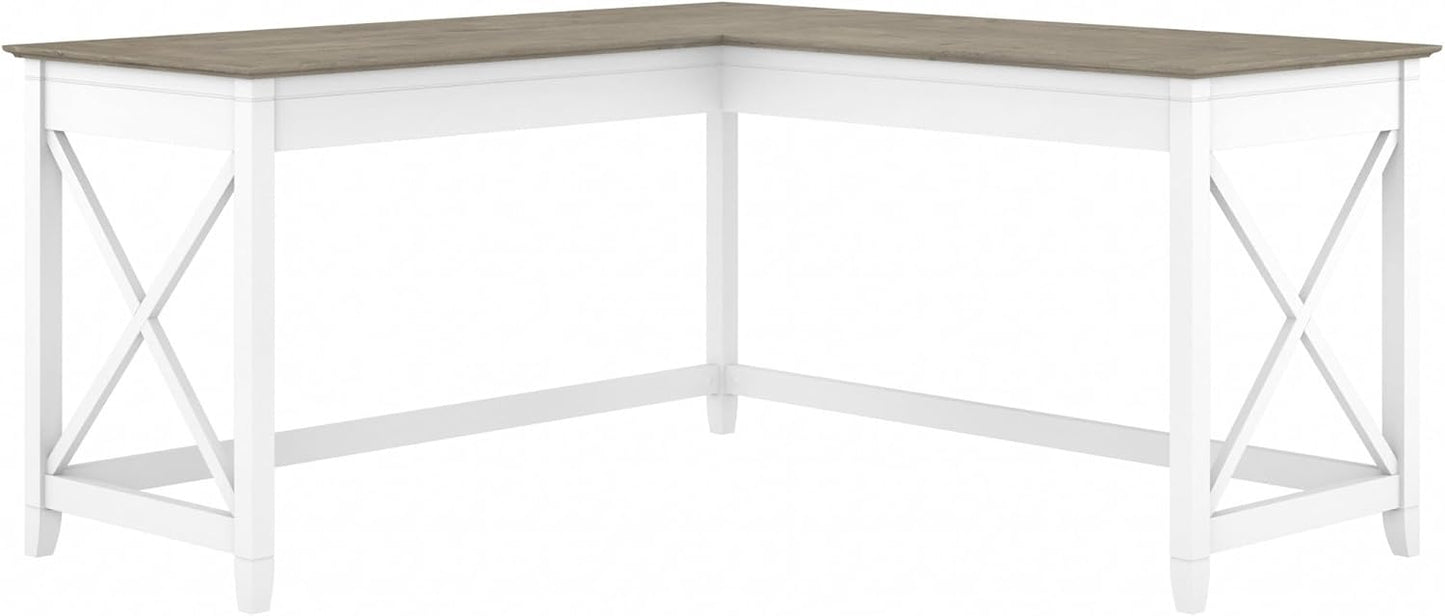 Bush Furniture Key West 60W Modern Farmhouse L Shaped Desk in Pure White and Shiplap Gray | 60-Inch Corner Table for Home Office