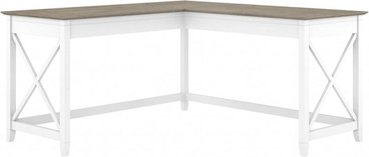 Bush Furniture Key West 60W Modern Farmhouse L Shaped Desk in Pure White and Shiplap Gray | 60-Inch Corner Table for Home Office