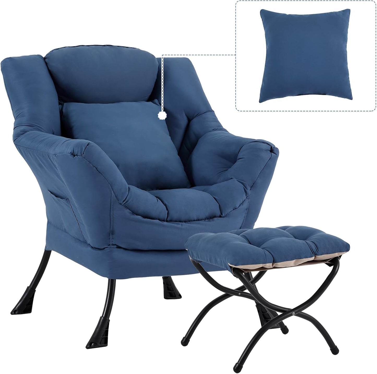 Lazy Chair with Ottoman, Comfy Reading Chair with Footstool & Pillow Modern Lounge Chair with Armrests & Side Pocket for Living Room, Bedroom, Dorm Room，Royal Blue