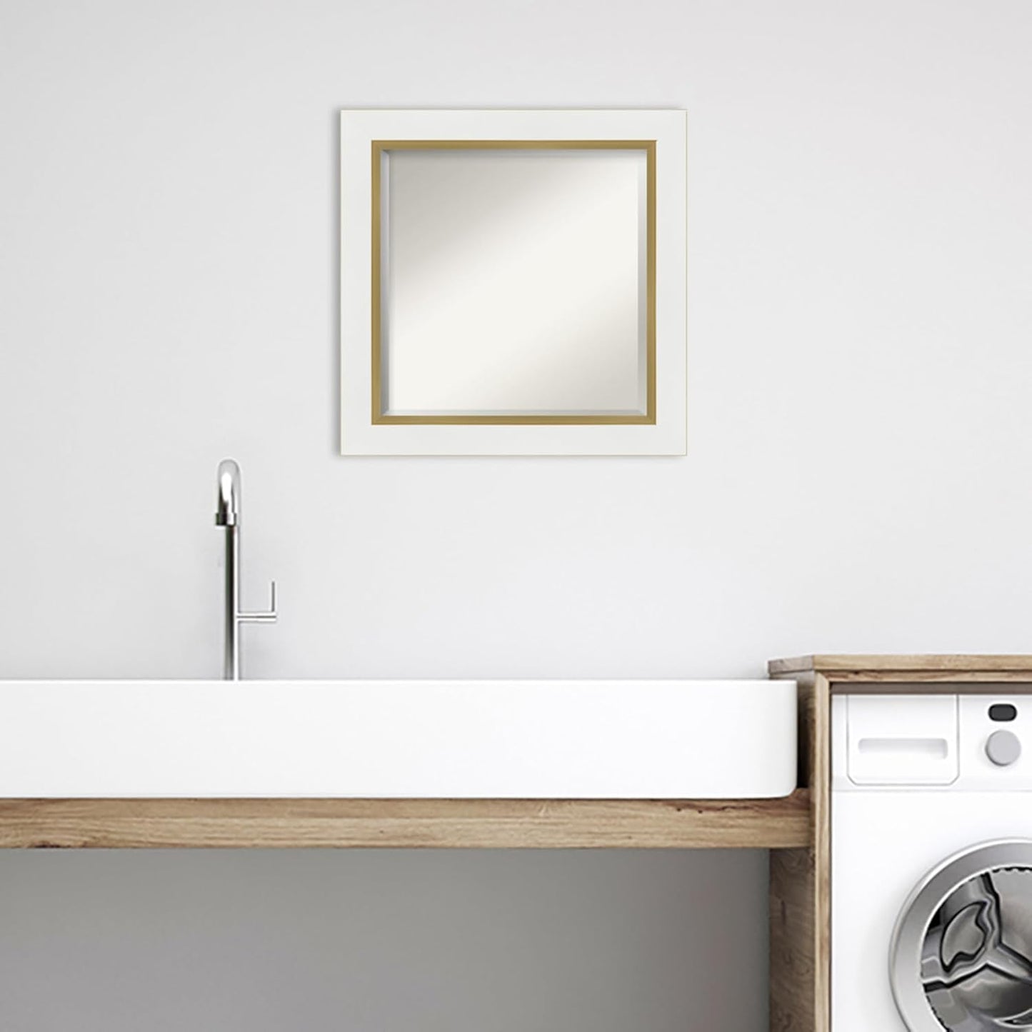 Amanti Art White Bathroom Mirror for Over Sink, 25x25 Eva White Gold Square Vanity Mirror, Medium Modern Frame, Hangs Horizonally and Vertically, Bathroom Wall Decor, Beveled Edge from WI, USA