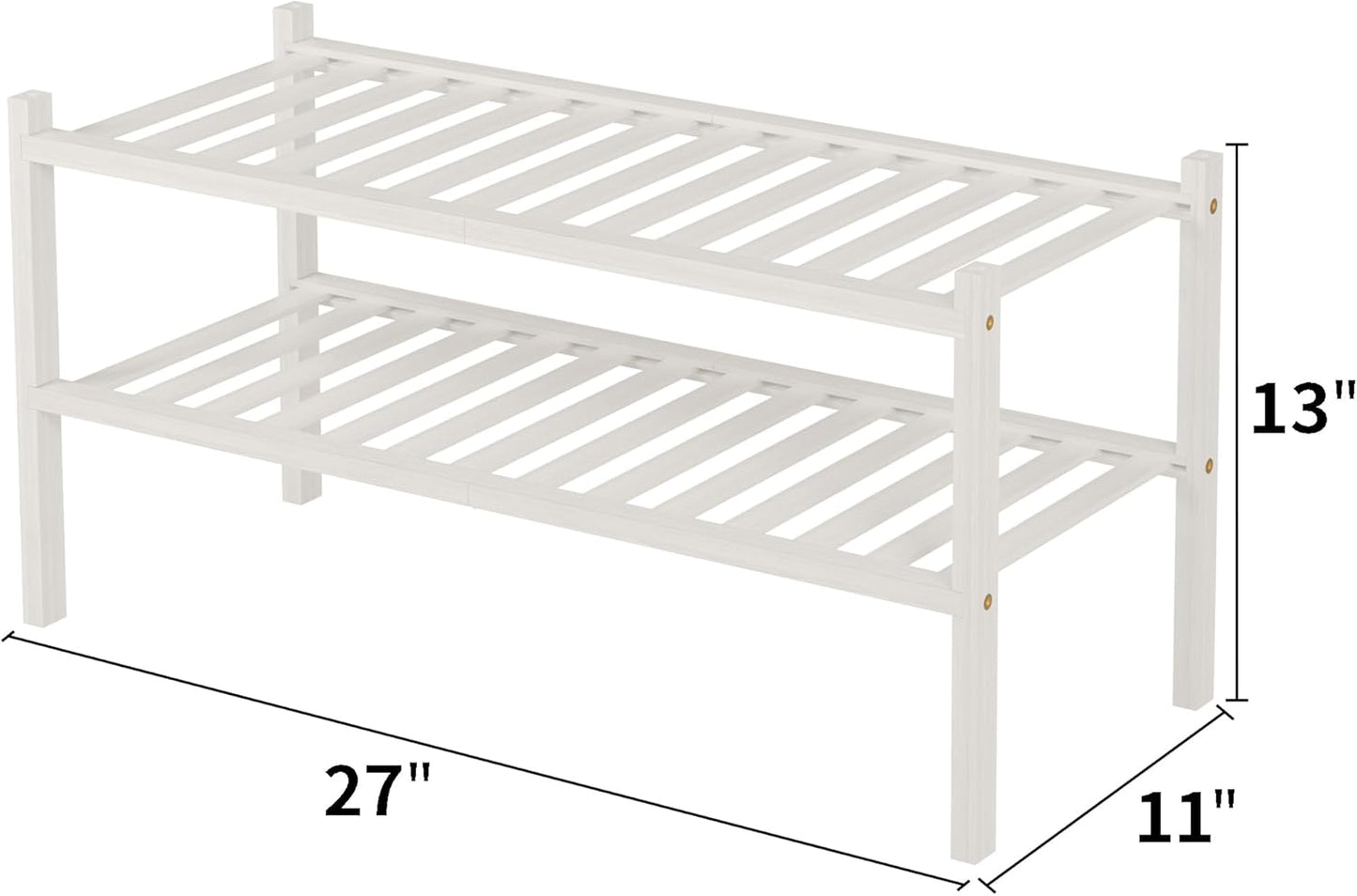 2 Tier Bamboo Shoe Rack for Closet Free Standing Wood Shoe Shelf for Entryway Small Space Stackable 27"x11"x13" (White)