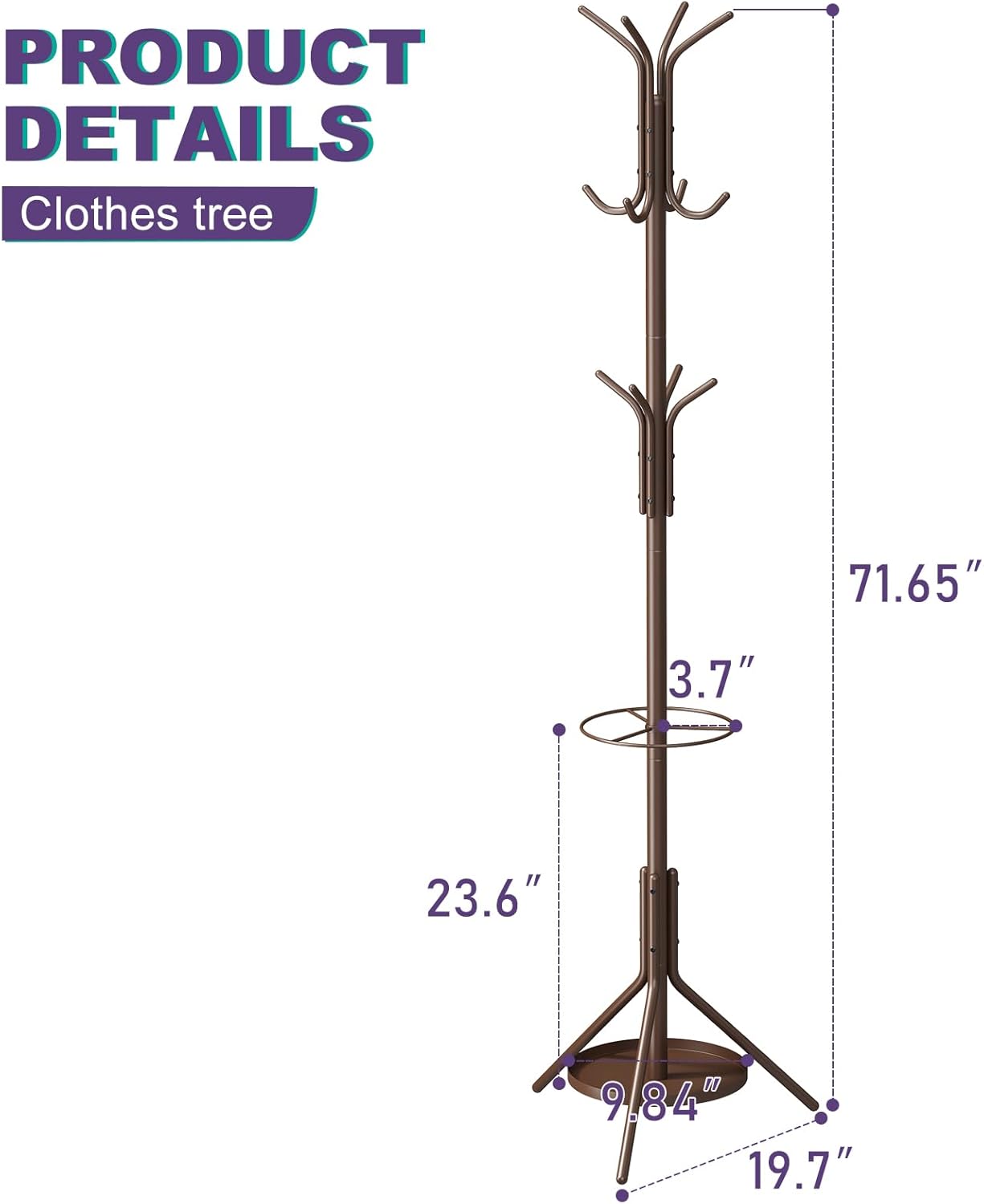 Coat Rack Freestanding,Entryway Hanger Stand,Umbrella Holder,Hall Tree With 12 Hooks, Floor Standing Metal Tree Stand,brown