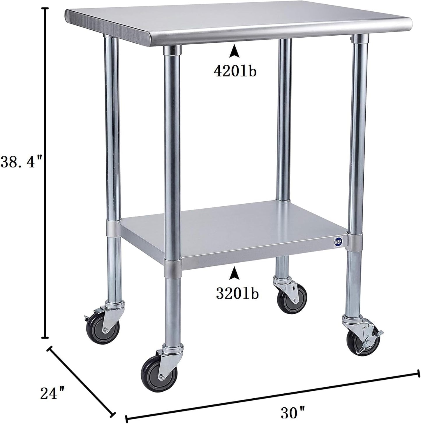 ROCKPOINT Stainless Steel Table for Prep & Work with Caster Wheels 24x30 Inches, NSF Metal Commercial Kitchen Heavy Duty Table with Adjustable Under Shelf and Table Foot for Restaurant, Home and Hotel