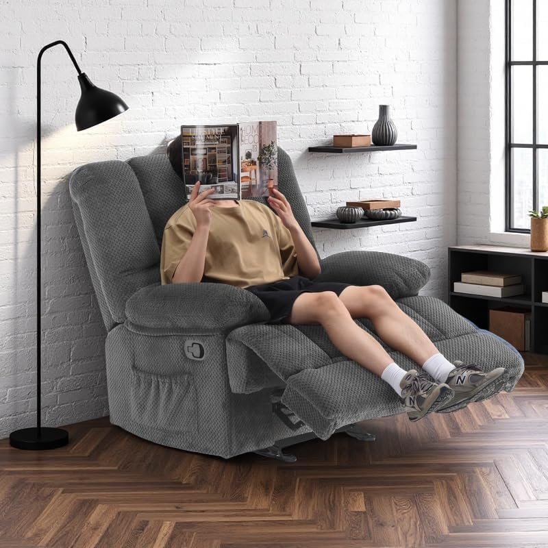 Oversized Rocker Recliner Chair, Wide Rocker Chair with Adjustable Backrest Footrest, Oversized Recliner for Adults, Reclining Sofa for Living Room, Grey