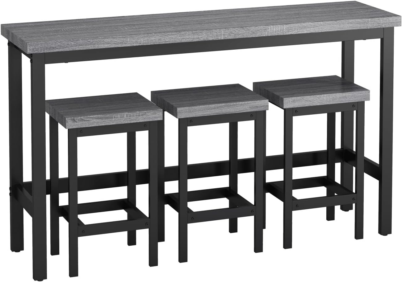 KEIKI 60.24” Long Bar High Top Dining Table and 3 Stools Chairs Set, Wood Behind Couch Sofa Counter Height Pub Furniture for Breakfast, Kitchen Living Party Room, Grey