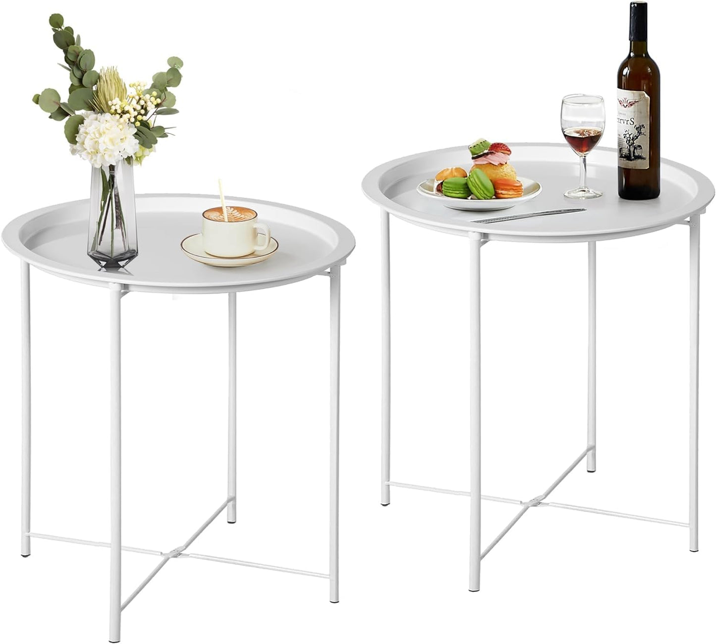 VECELO Side/End Table, Folding Round Metal Anti-Rust and Waterproof Outdoor or Indoor Tray for Living Room Bedroom Balcony and Office, 2 PCS, Beige