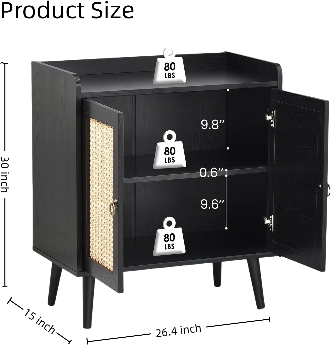 Buffet Cabinet, Rattan Storage Cabinet with Round Pull Rings, Sideboard with Ample Storage, Bar Liquor Shelf with 2 Doors for Living Room, Hallway, Black