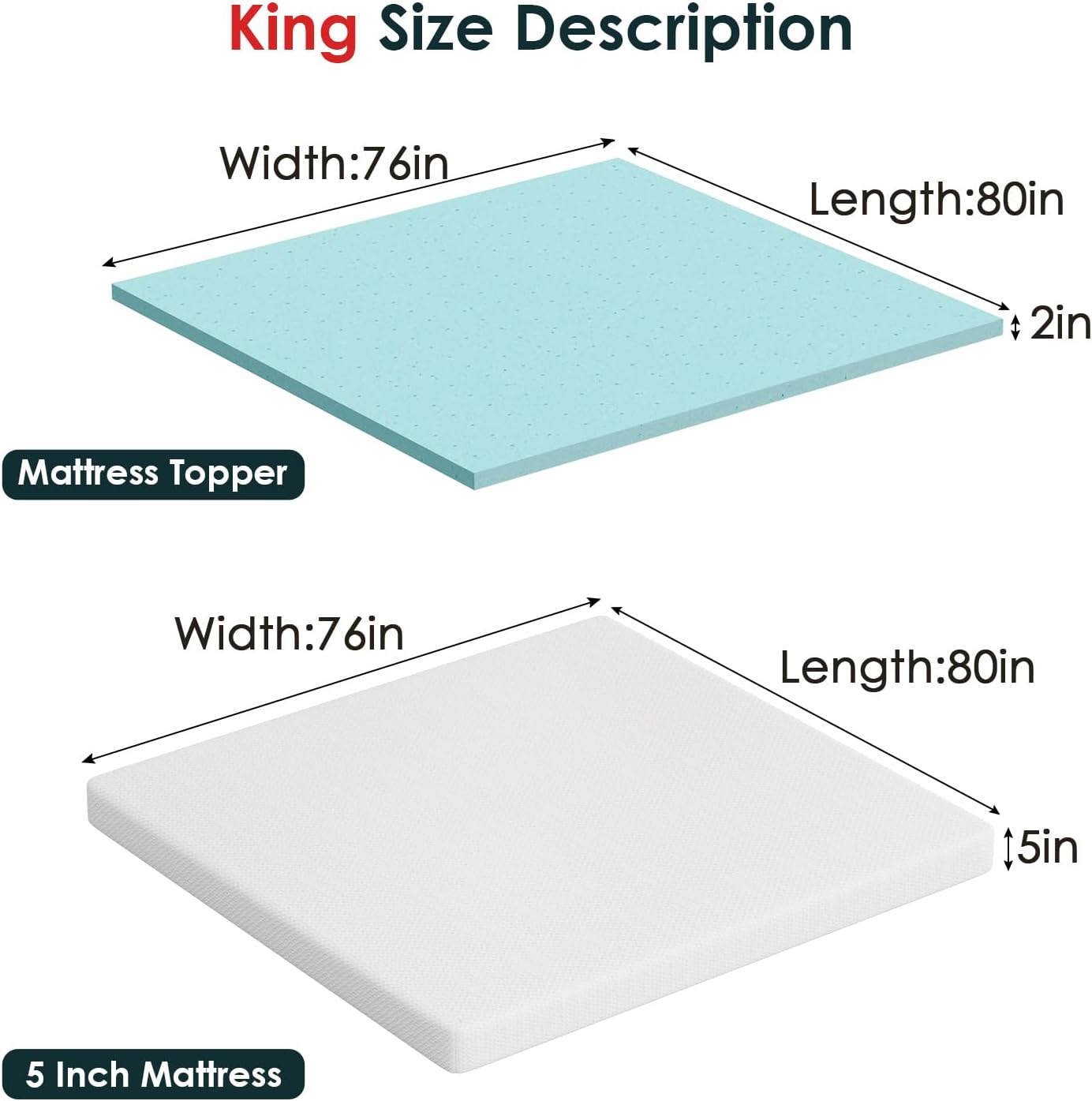 FDW | 5" King Mattress + 2" Cooling Mattress Topper | Gel Memory Foam | Medium Firm Feel | White | with Washable Cover for Cool Sleep and Pressure Relief | Bed in a Box, CertiPUR-US Certified