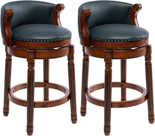 Cow top Leather Wooden Set of 2 Bar Stools, 26" Counter Height Bar Chair with Back, 180 Degrees Swivel Barstools Chair for Home Kitchen Counter,Dining Room, Restaurant
