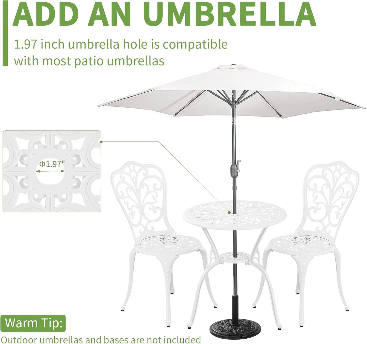 Bistro Set 3 Piece Outdoor Cast Aluminum Patio Bistro Set with Umbrella Hole, All Weather Bistro Table and Chairs Set, Small Patio Furniture Set for Garden, Porch,White