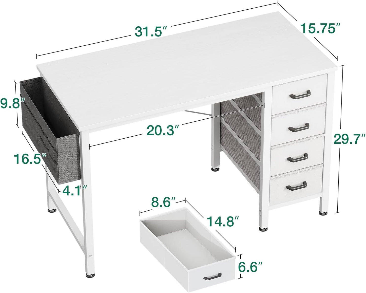Casaottima 32 inch Small Computer Desk with 4 Fabric Drawers, Side Hook and Cloth Bag, Kids Study Table for Bedroom and Small Space, Pure White