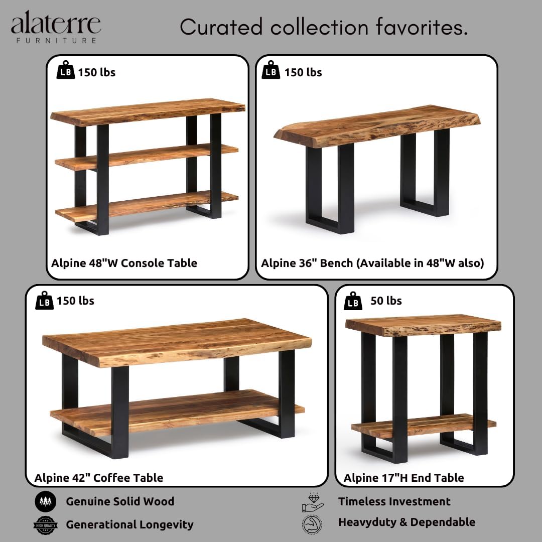 Alaterre Furniture Alpine Natural Live Edge Acacia Wood End Table with Metal Accents, 3-Tier Shelf Design, Includes Nylon Floor Protectors, Unique Industrial Rustic Style, Clear Natural Finish
