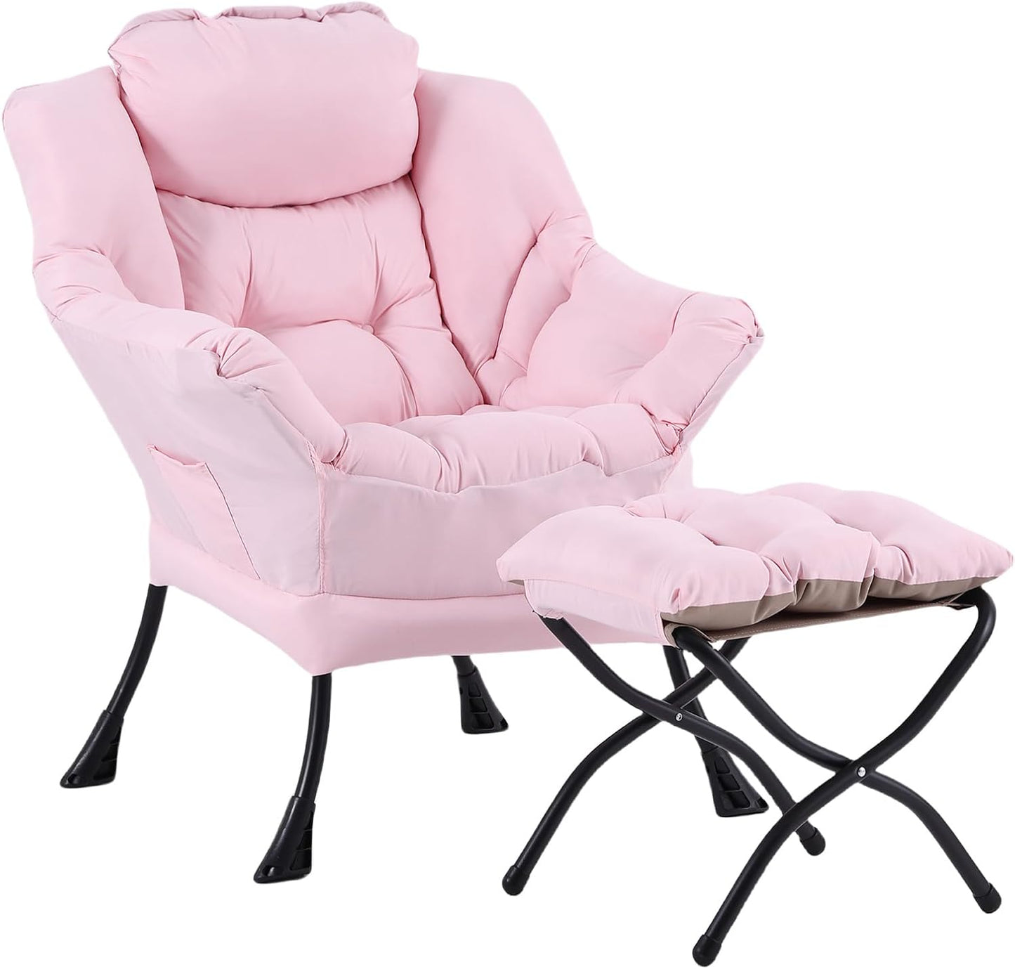 Lazy Chair with Ottoman, Modern Reading Lounge Accent Chair with Armrests and a Side Pocket, Leisure Upholstered Lazy Sofa Set with Footrest for Small Space, Pink