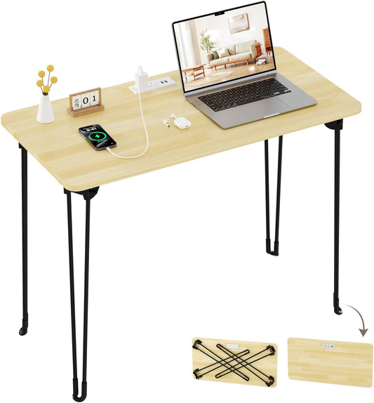 Mini Desk No Assembly Required, 31.5" Small Desk for Bedroom with Power Outlet & Hairpin Legs, 31.5" Foldable Desks for Small Spaces & Home Office, Beige Floor Patten