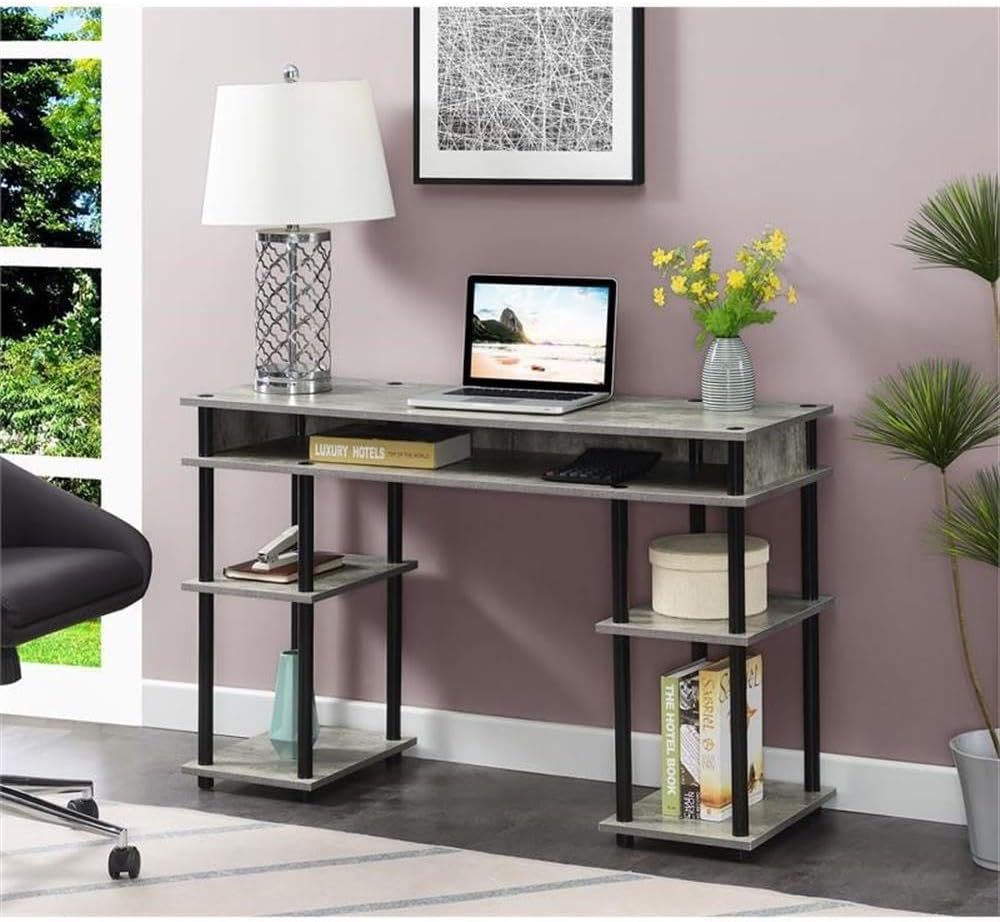 Convenience Concepts Designs2Go No Tools Desk Home Office Desk with Shelves, Corner Shelf Vanity Desk Computer Desk Nail Table for Nail Tech - 47.25" L x 15.75" W x 30" H, Faux Birch/Black