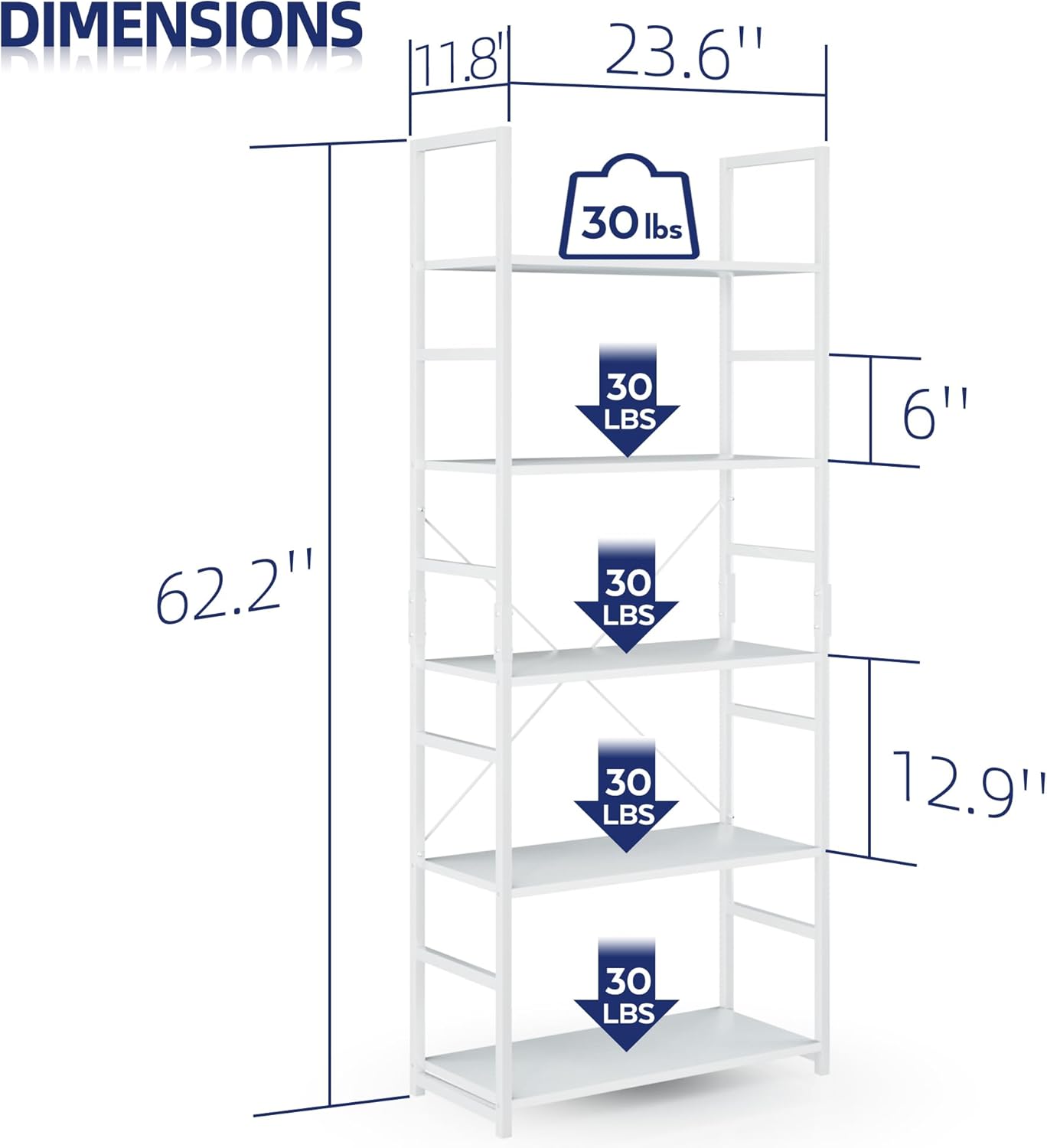 NUMENN 5 Tier Bookshelf, Tall Bookcase Shelf Storage Organizer, Modern Book Shelf for Bedroom, Living Room and Home Office, White