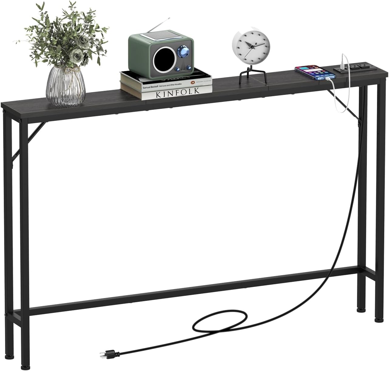 Tohomeor 5.9" Skinny Behind Sofa Console Table with Charging Station Charcoal Black 47.2" Narrow Long Behind Couch Table with Power Outlets USB Ports Thin Entry Table for Entryway Living Room Hallway