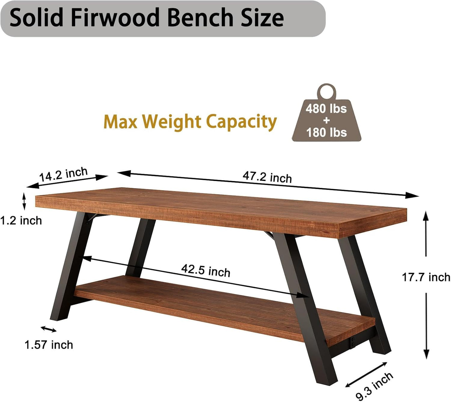 IBF Solid Wood Entryway Bench, Natural Real Wood Storage Bench, Farmhouse Wooden Shoe Bench in Entry Way Hallway Foyer Rack, Bedroom Bench Seat for Living Bed Mud Room Indoor, Rustic Brown, 47 Inch