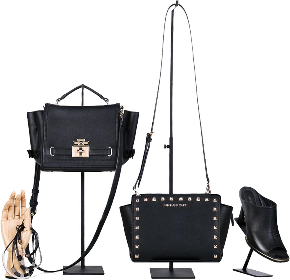 Purse Display Stand - 2 Pack Solid Black Bag Display Rack Stands, Counter Adjustable Height Stainless Steel Purse Handbag Holder Display Stand