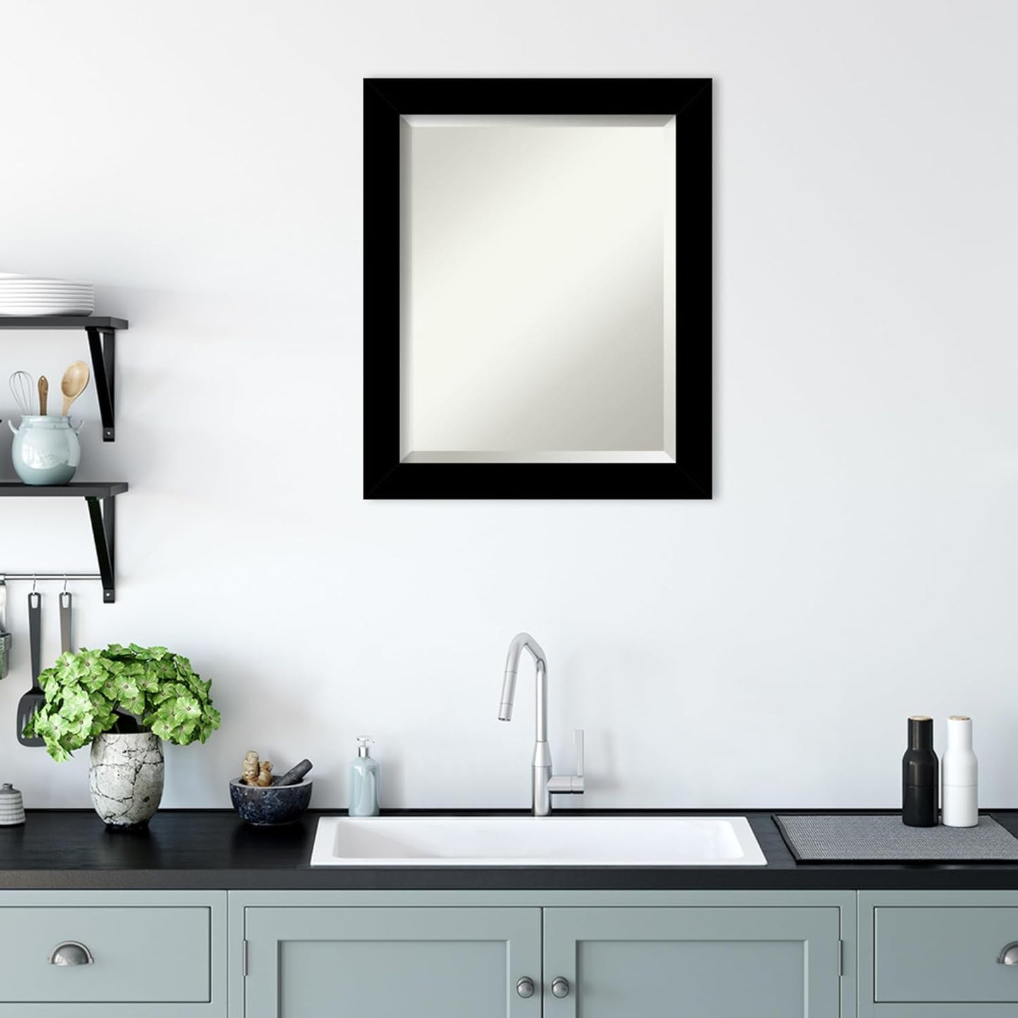 Amanti Art Black Bathroom Mirror for Over Sink, 24x20 Brushed Black Rectangle Vanity Mirror, Small Modern Contemporary Frame, Hangs Horizonally and Vertically, Bathroom Wall Decor, Beveled Edge