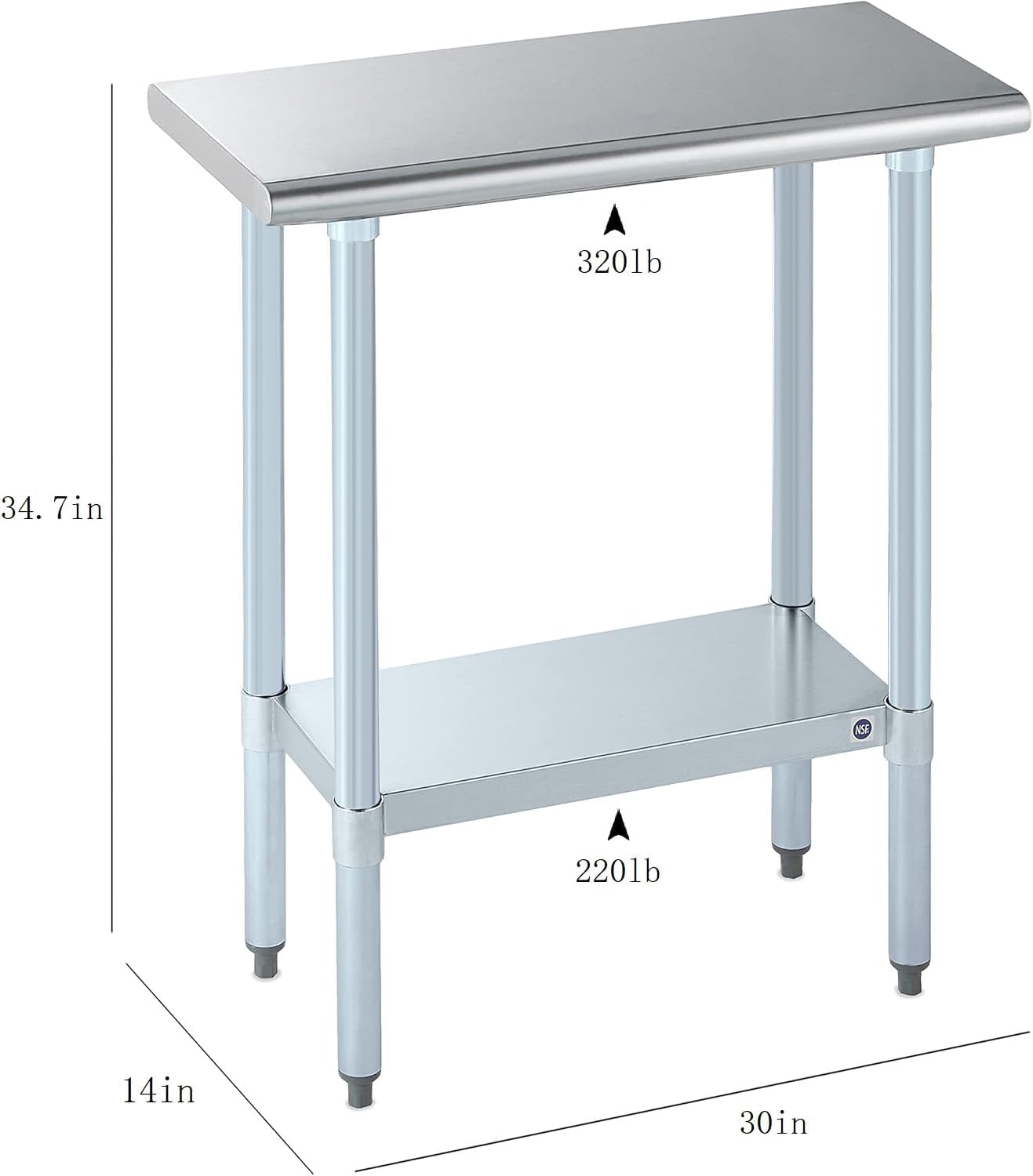 ROCKPOINT Stainless Steel Table for Prep & Work 14x30 Inches, NSF Metal Commercial Kitchen Heavy Duty Table with Adjustable Under Shelf and Table Foot for Restaurant, Home and Hotel