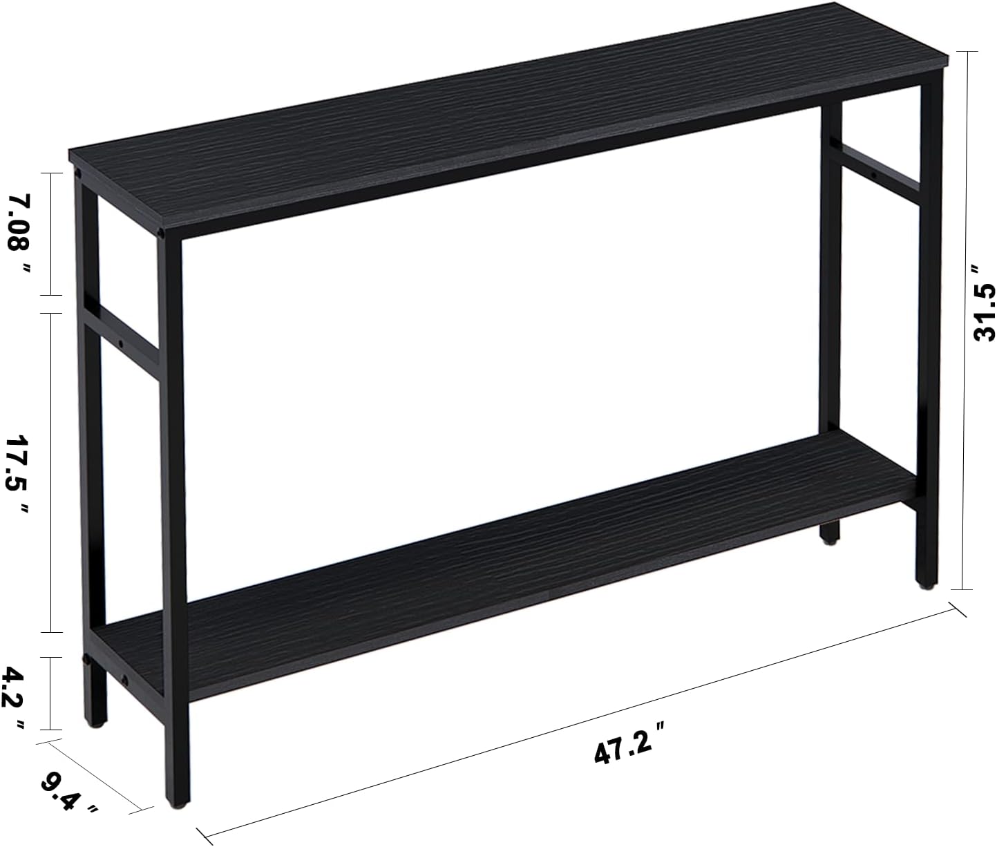 Narrow Console Table, 47 Inch Sofa Table with Adjustable Shelf, 2-Tier Long Skinny Table for Hallway, Entryway, Living Room, Foyer, Black