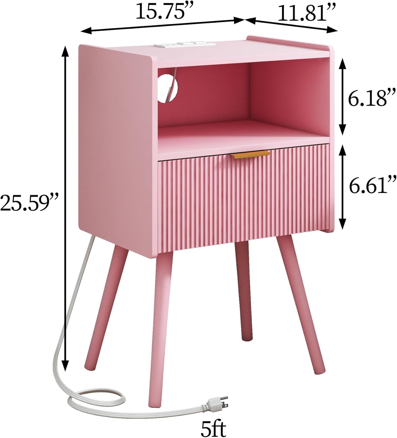 Nightstand with Oultlet,Modern Bedside Table with Storage Drawer and Open Wood Shelf, for Living Room, Bedroom and Small Spaces, Accent Night Stand with Solid Wood Legs, Easy Assembly,Pink