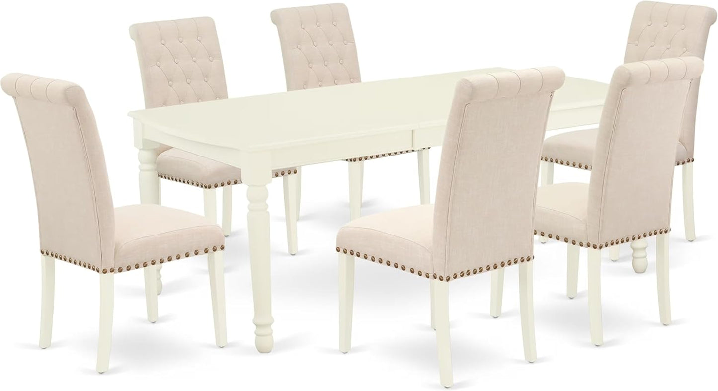 East West Furniture DOBR7-LWH-02 7 Piece Dining Table Set Consist of a Rectangle Table with Butterfly Leaf and 6 Light Beige Linen Fabric Upholstered Chairs, 42x78 Inch, Linen White