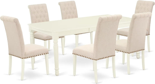 East West Furniture DOBR7-LWH-02 7 Piece Dining Table Set Consist of a Rectangle Table with Butterfly Leaf and 6 Light Beige Linen Fabric Upholstered Chairs, 42x78 Inch, Linen White
