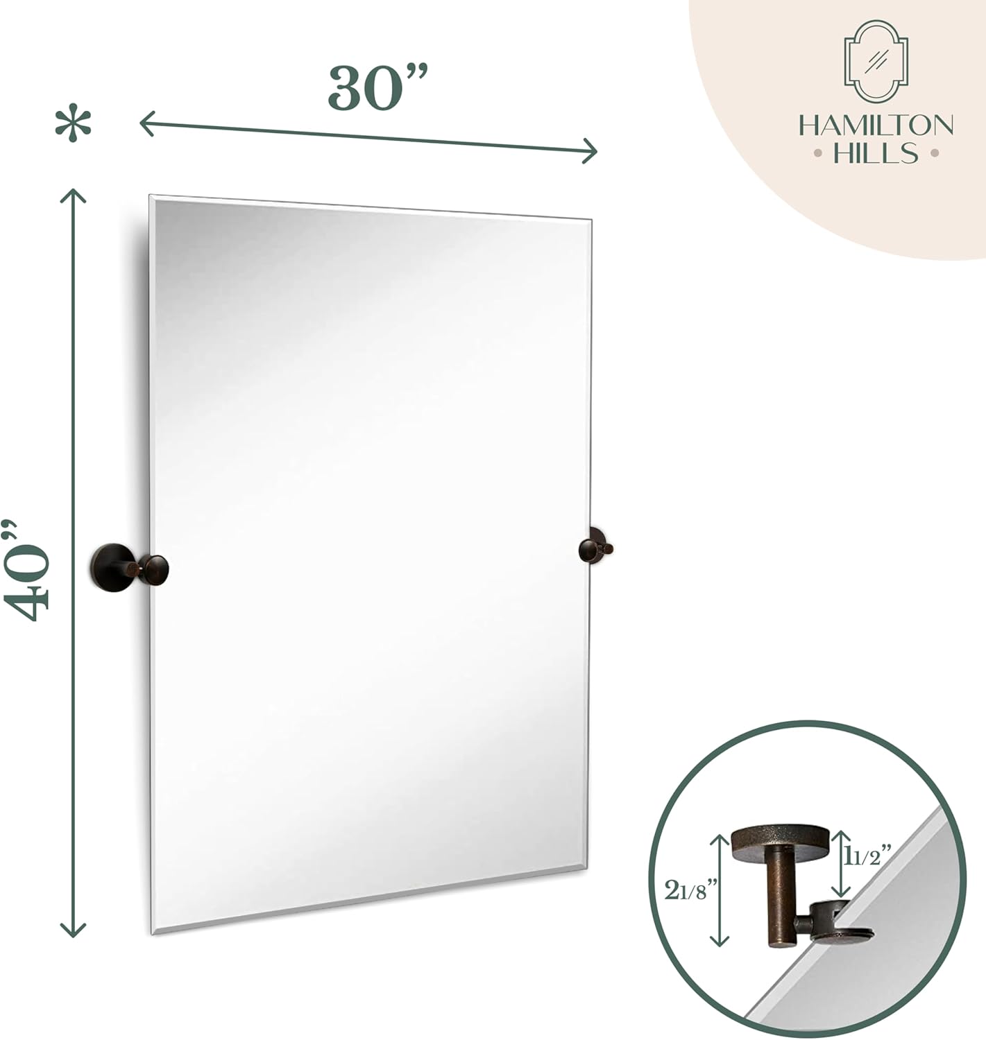 Hamilton Hills 30x40 inch Frameless Pivot Mirrors for Bathrooms with Oil Rubbed Bronze Rounded Wall Brackets - Rectangular Tilting and Farmhouse Wall-Mounted Vanity - Hangs Horizontally and Vertically