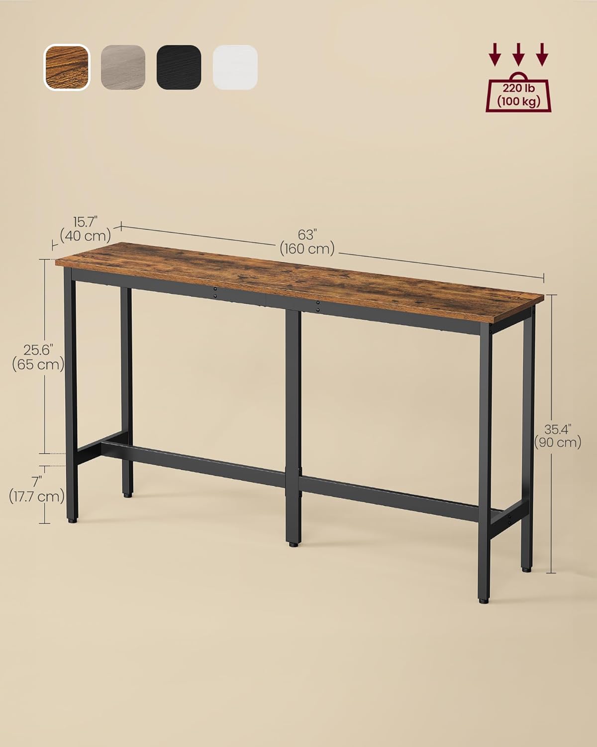 VASAGLE Bar Table, Narrow Long Kitchen Dining Table, Sturdy Metal Frame, Industrial, 15.7 x 63 x 35.4 Inches, Rustic Brown and Ink Black ULBT160K01V1
