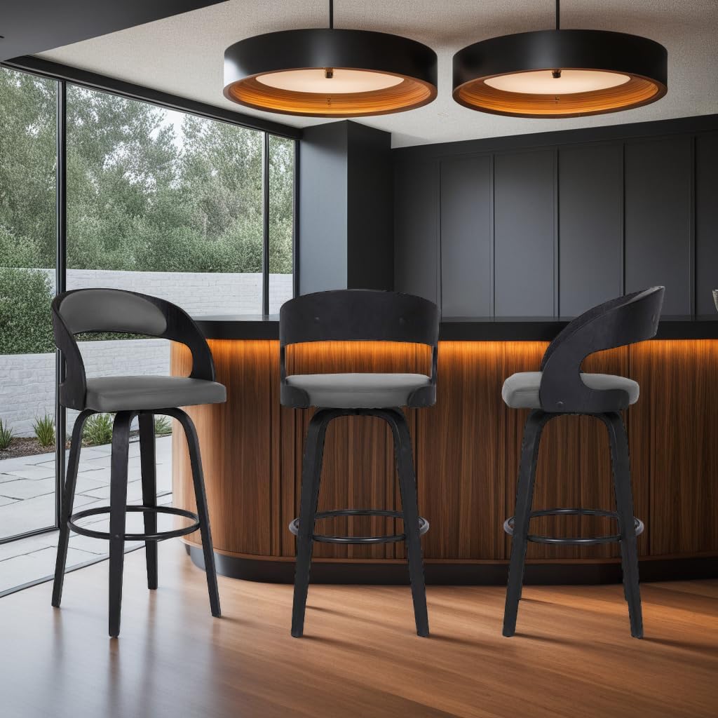 Armen Living Shelly 30" Bar Height Swivel Gray Faux Leather and Black Wood Bar Stool - Set of 4