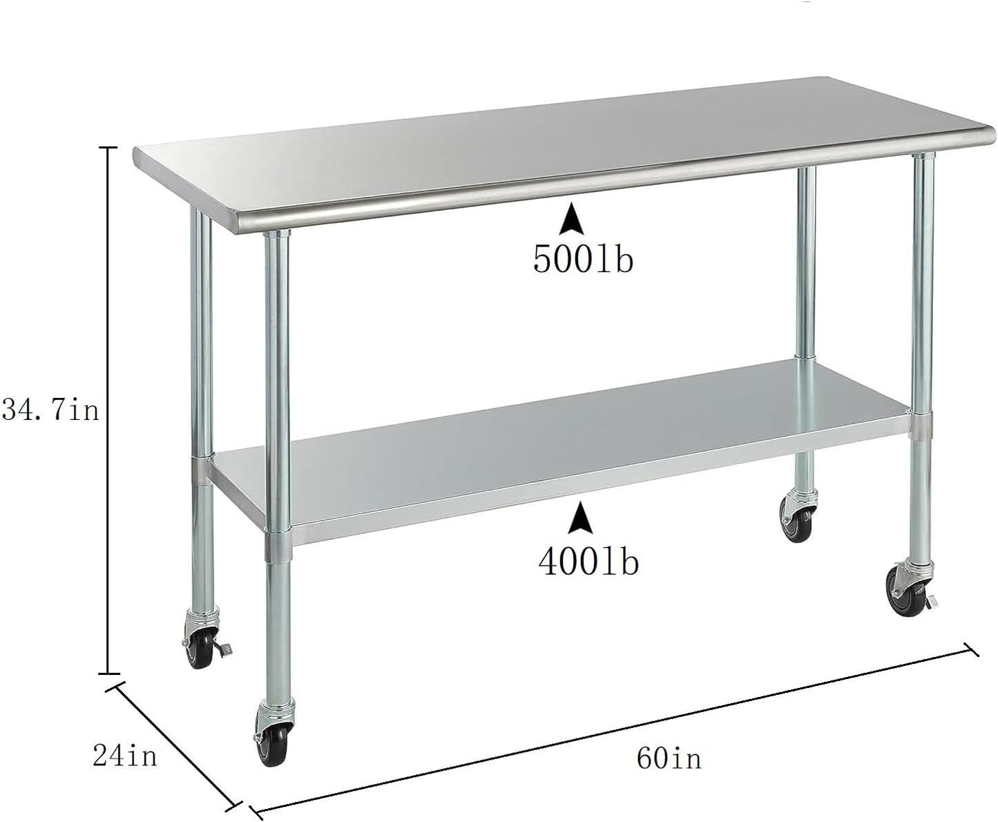 ROCKPOINT Stainless Steel Table for Prep & Work with Caster Wheels 24x60 Inches, NSF Metal Commercial Kitchen Heavy Duty Table with Adjustable Under Shelf and Table Foot for Restaurant, Home and Hotel
