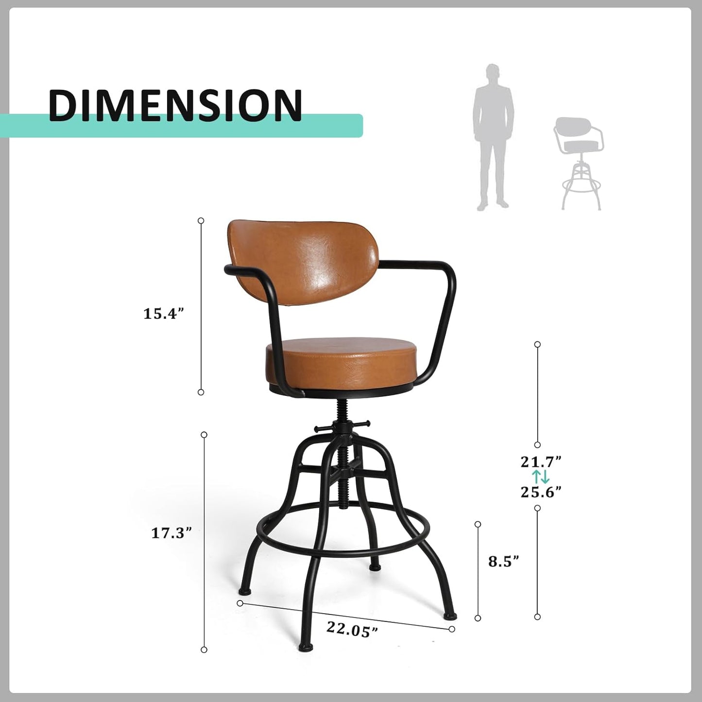 Diwhy Industrial Design Adjustable Height 21.65" - 26" Brown Leather Upholstered Backrest Seat Arm Chair Vintage Counter Stool