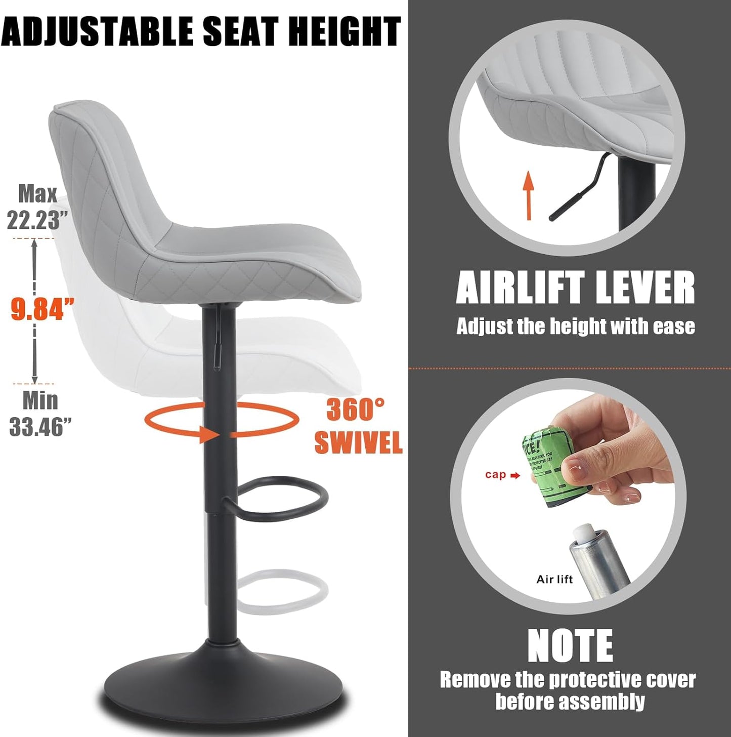 YOUNIKE Grey Bar Stools Set of 2 Kitchen Counter Height Barstools with Backs Modern Swivel Faux Leather Padded Bar Chairs Tall Adjustable Stools for Breakfast Island