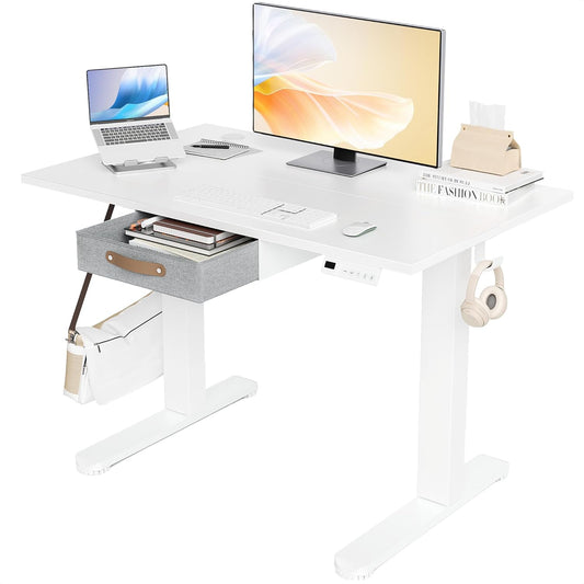 Seang Standing Desk with Drawer, 40" x 24" Height Adjustable Stand Up Desk, 3 Memory Height Settings with Cable Grommets & Storage Hooks, Ideal for Home & Office, White