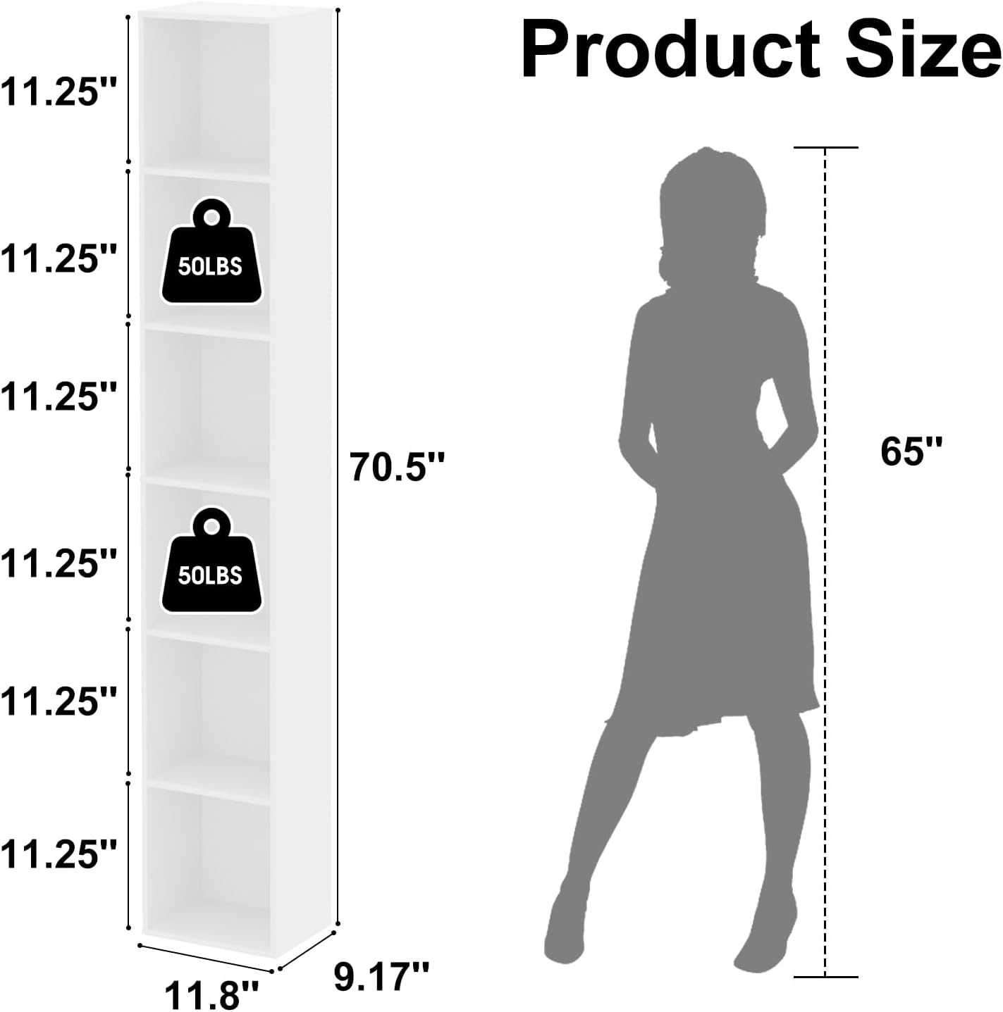 Tall Narrow Bookshelf 6-Tier Bookcase,70.5" Skinny Thin Corner Shelf Slim Storage Cabinet,Wood DVD CD Media Cube Organizer Tower Rack for Small Spaces, Bedroom, Living Room, Office,White