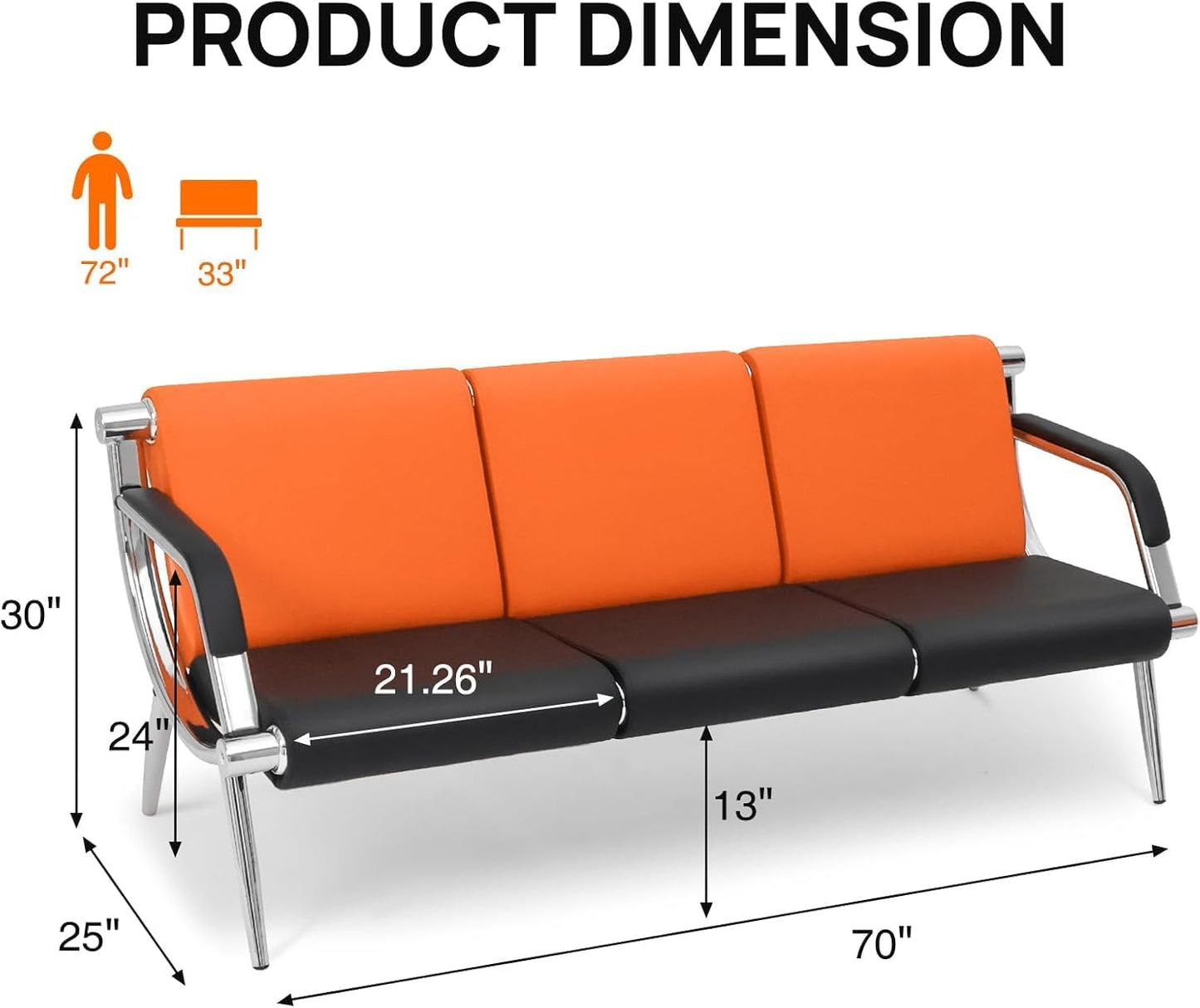 wonline 3 Seat Waiting Room Chair with Armrest PU Leather Office Furniture, Office Guest Seating Lobby Conference Reception Chairs for Airport Clinic Hospital Bank Salon Barber(Orange&Black)