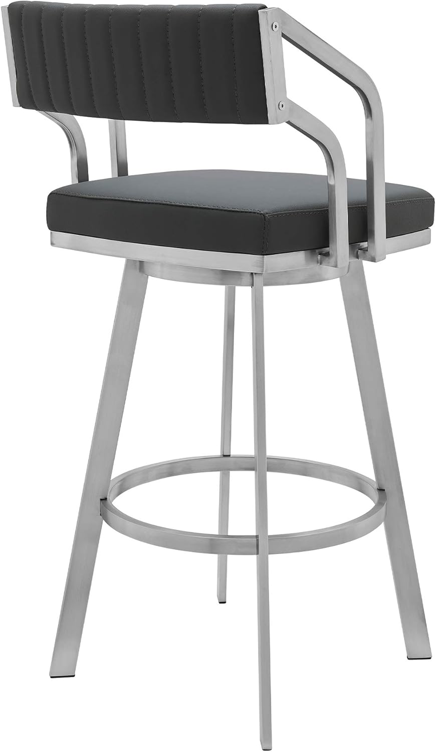 Armen Living Capri Modern 30" Seat Height Gray Faux Leather and Brushed Stainless Steel Metal Swivel Bar Stool for Kitchen Island Counter