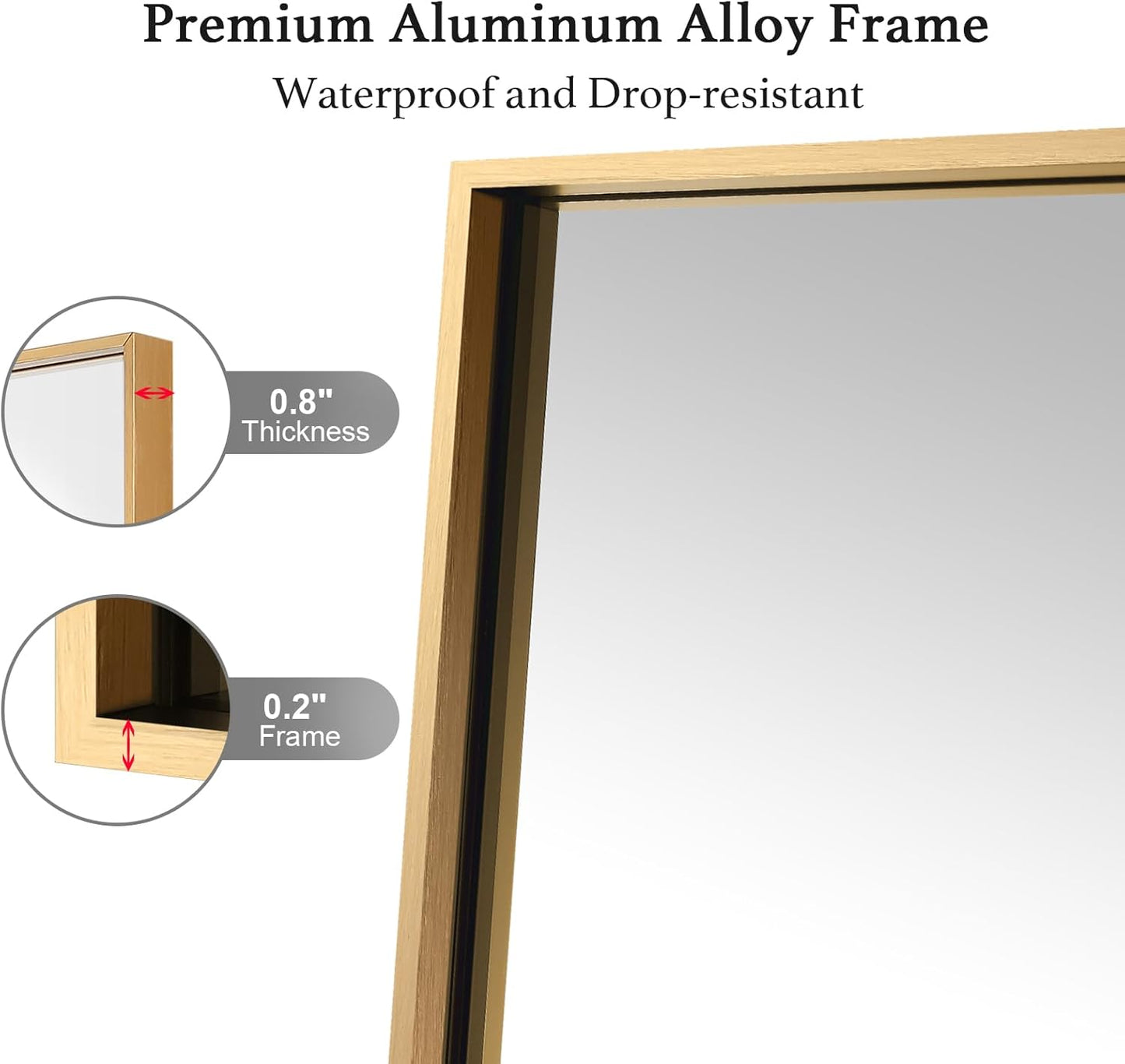36x48 Inch Gold Bathroom Mirror, Copper-Free Aluminum Alloy Frame Vanity Mirror, Rectangle Wall Mounted Modern Mirror for Bedroom/Living Room/Porch Horizontal or Vertical